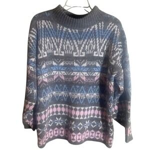 VTG Fair Isle Scandinavian Pink Blue Winter Sweater Doris Skis Woman's USA Large